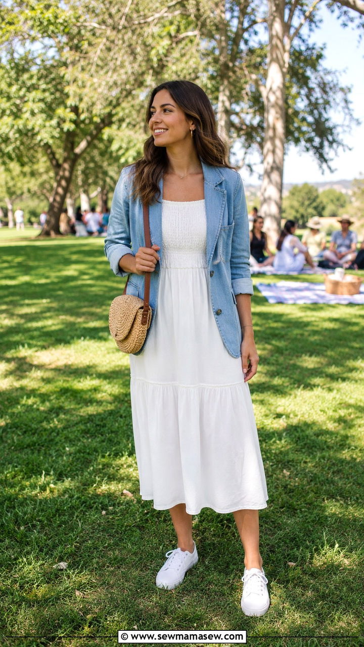 Smocked Midi Dress With Denim Blazer - 30 Midi dress outfit ideas with a blazer
