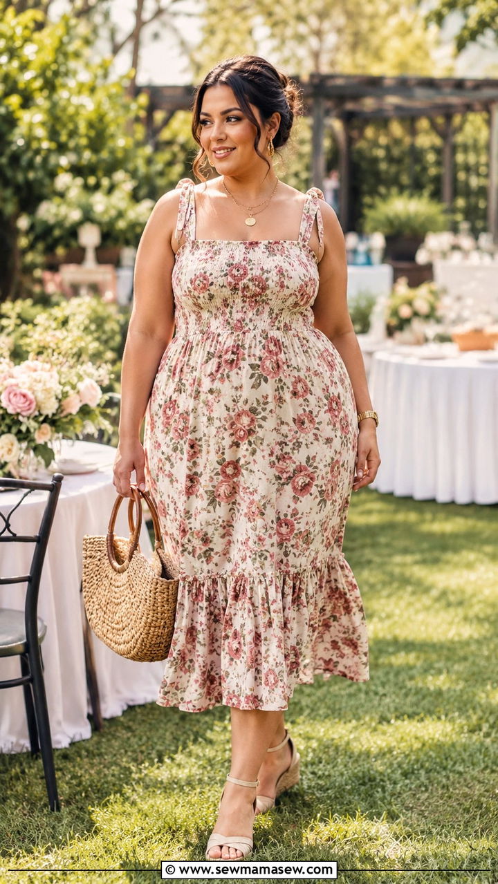 Smocked Midi Dress With Espadrille Wedges - 20 spring outfits for women with wide hips