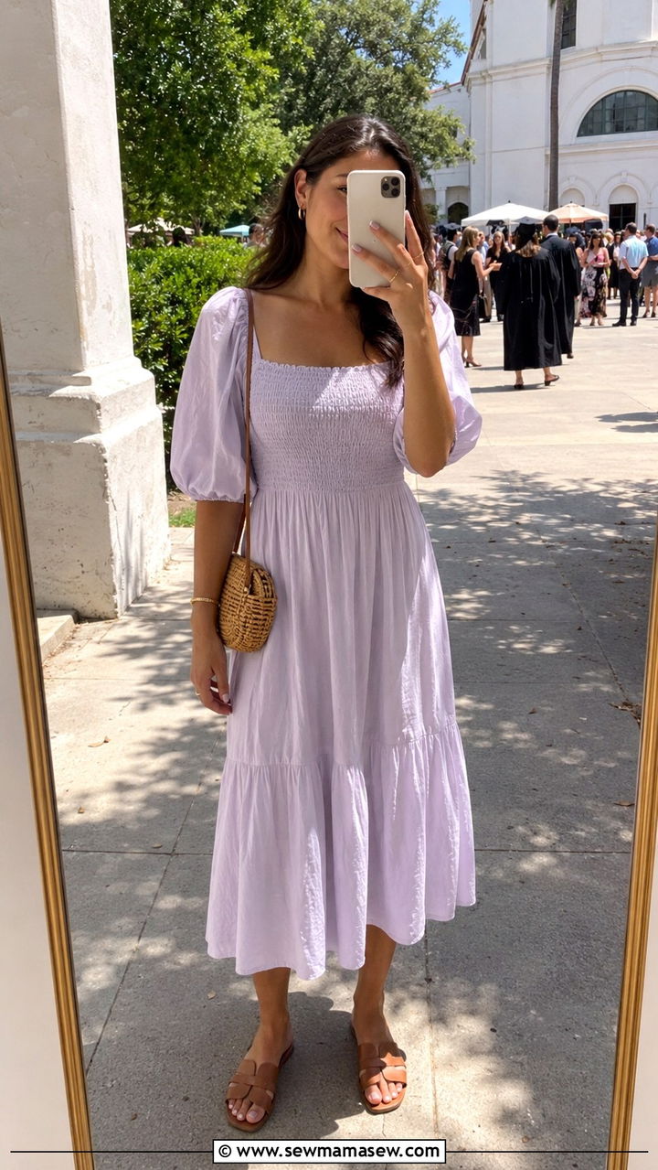 Smocked Midi Dress With Flat Sandals - 30 modest graduation outfit ideas