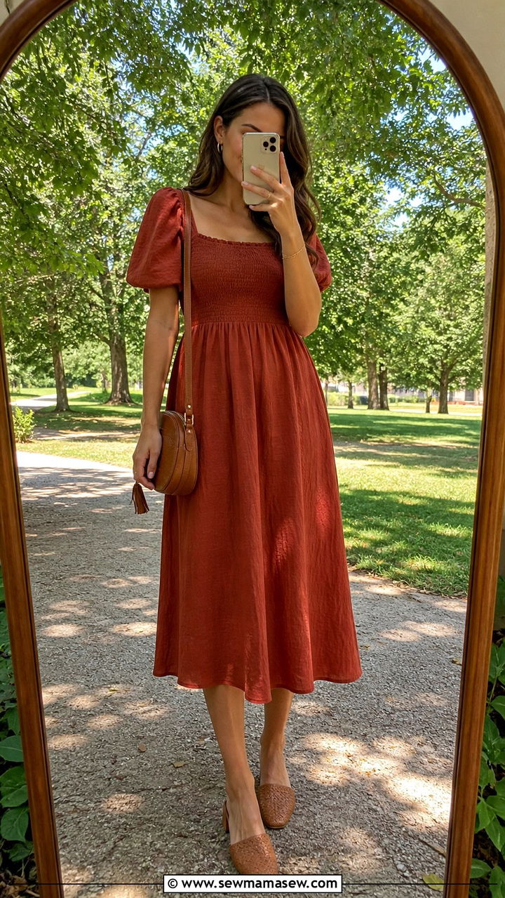 Smocked Midi Dress With Mules And Gold Hoops - 40 Casual wedding guest outfits