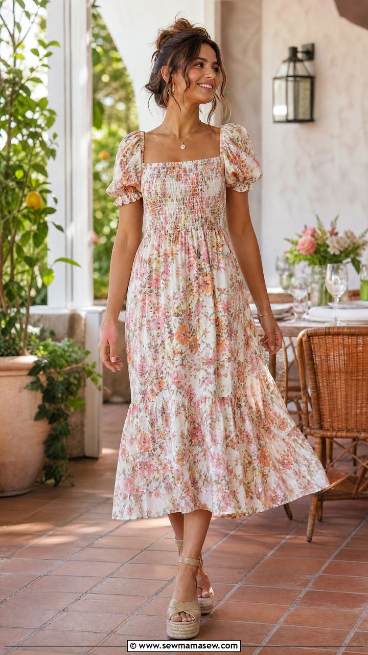 Smocked Midi Dress With Platform Espadrilles - 30 Midi dress with sandals outfit ideas