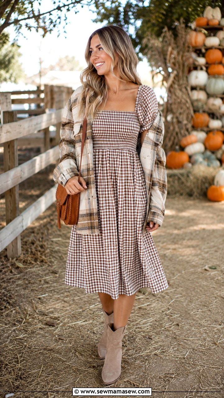 Smocked Midi Dress With Shacket and Western Boots - 30 Midi dress outfit ideas with a jacket