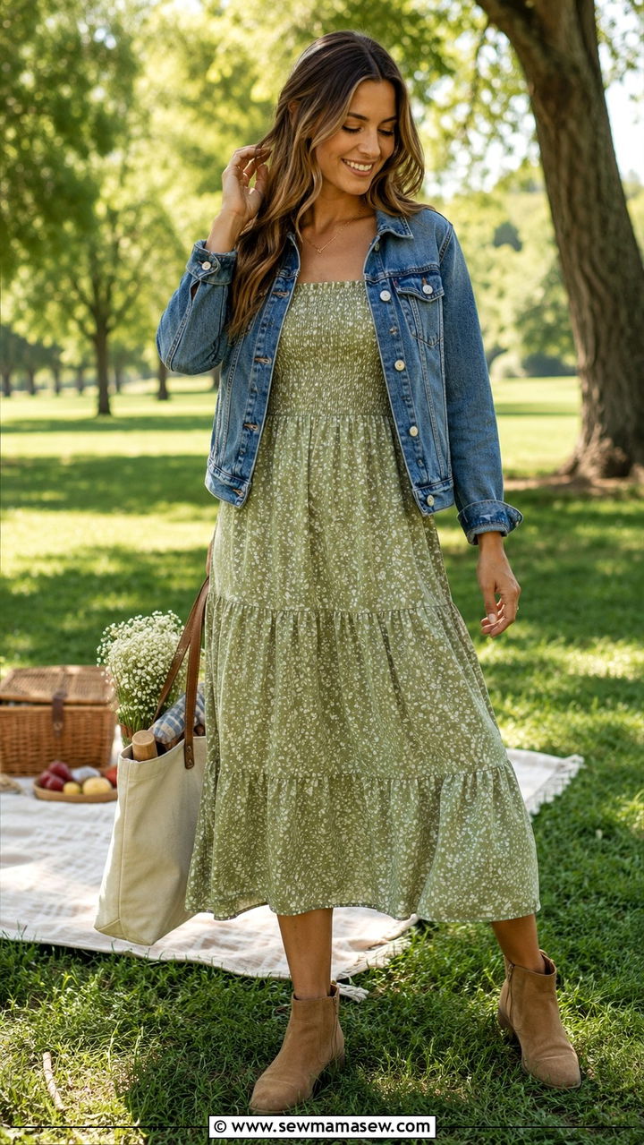 Smocked Midi Dress With Short Ankle Boots - 30 Midi dress outfit ideas with boots