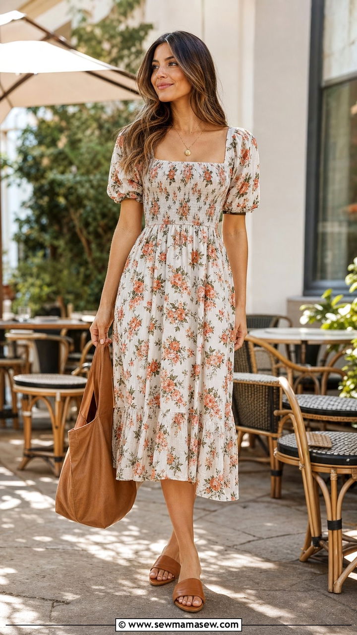 Smocked Midi Dress With Slide Sandals - 25 dress outfits aesthetic