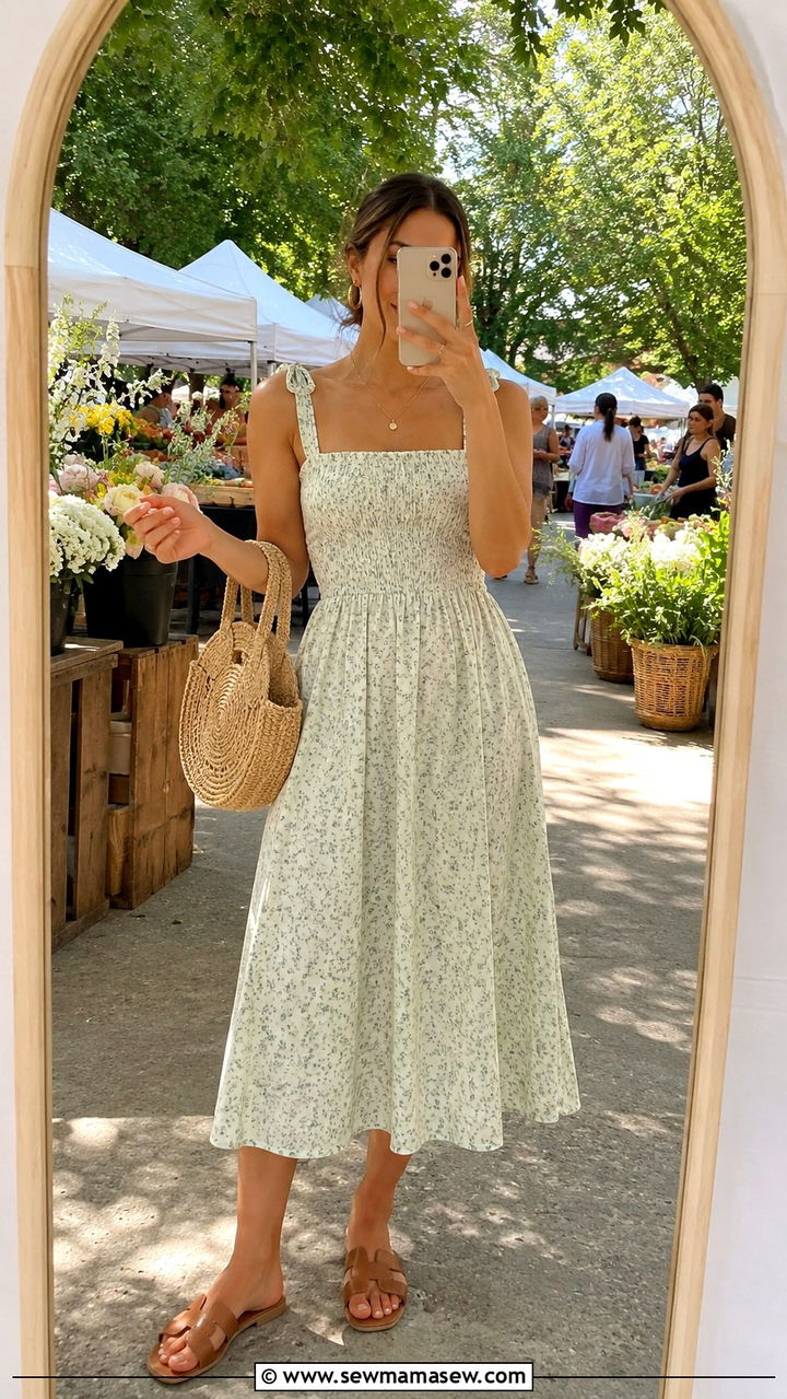 Smocked Midi Dress With Woven Bag - 30 Midi dress for brunch outfit ideas