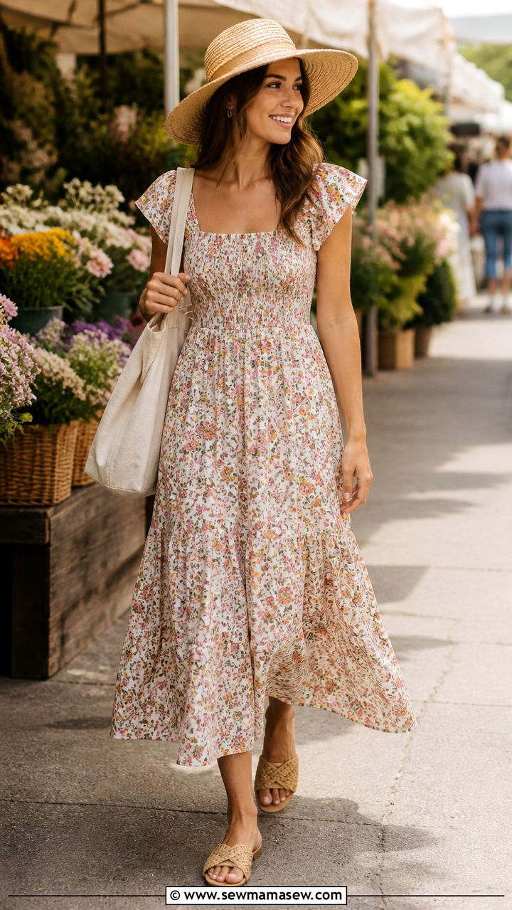 Smocked Midi Dress With Woven Flat Sandals - 30 Midi dress outfit ideas with sandals