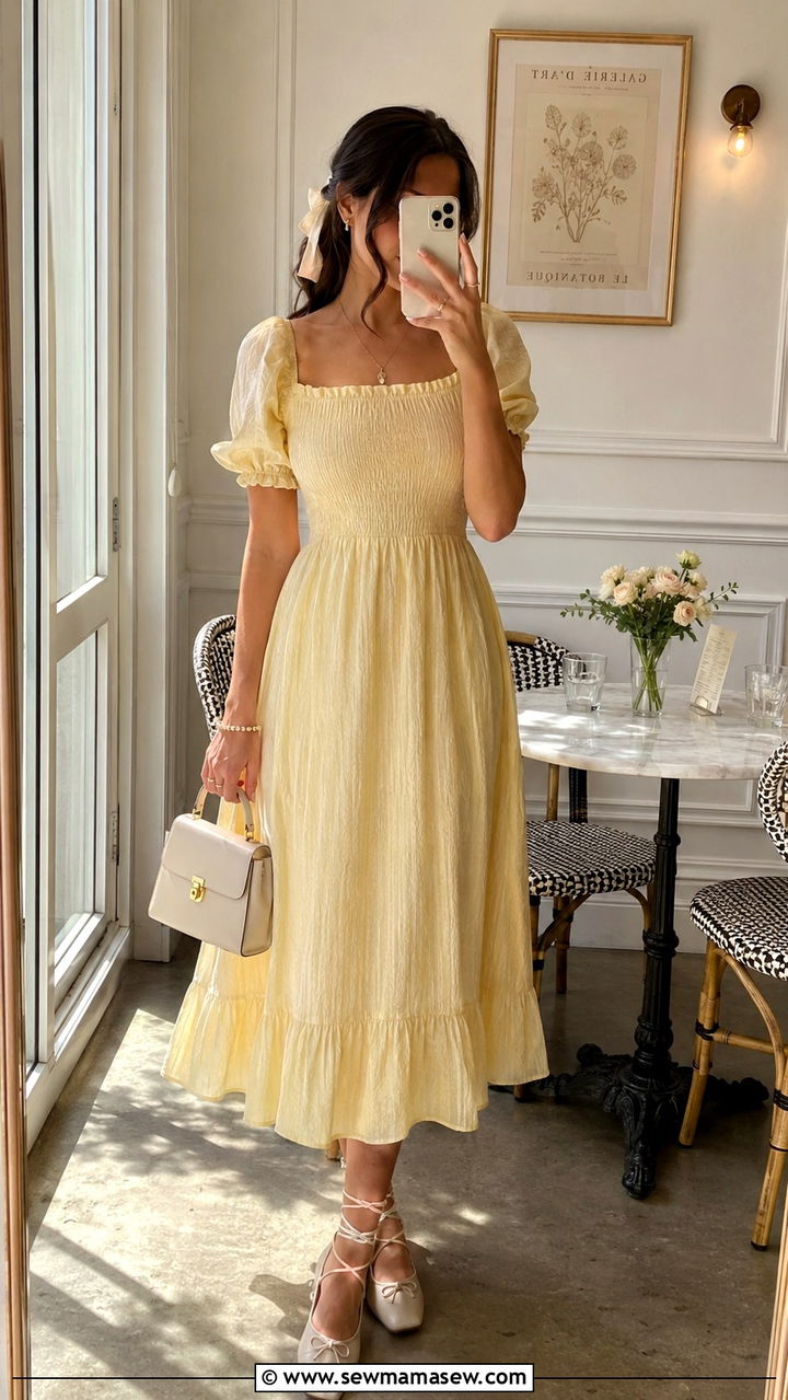 Smocked Midi Dress and Lace Up Ballet Flats - 25 poetcore outfits for women