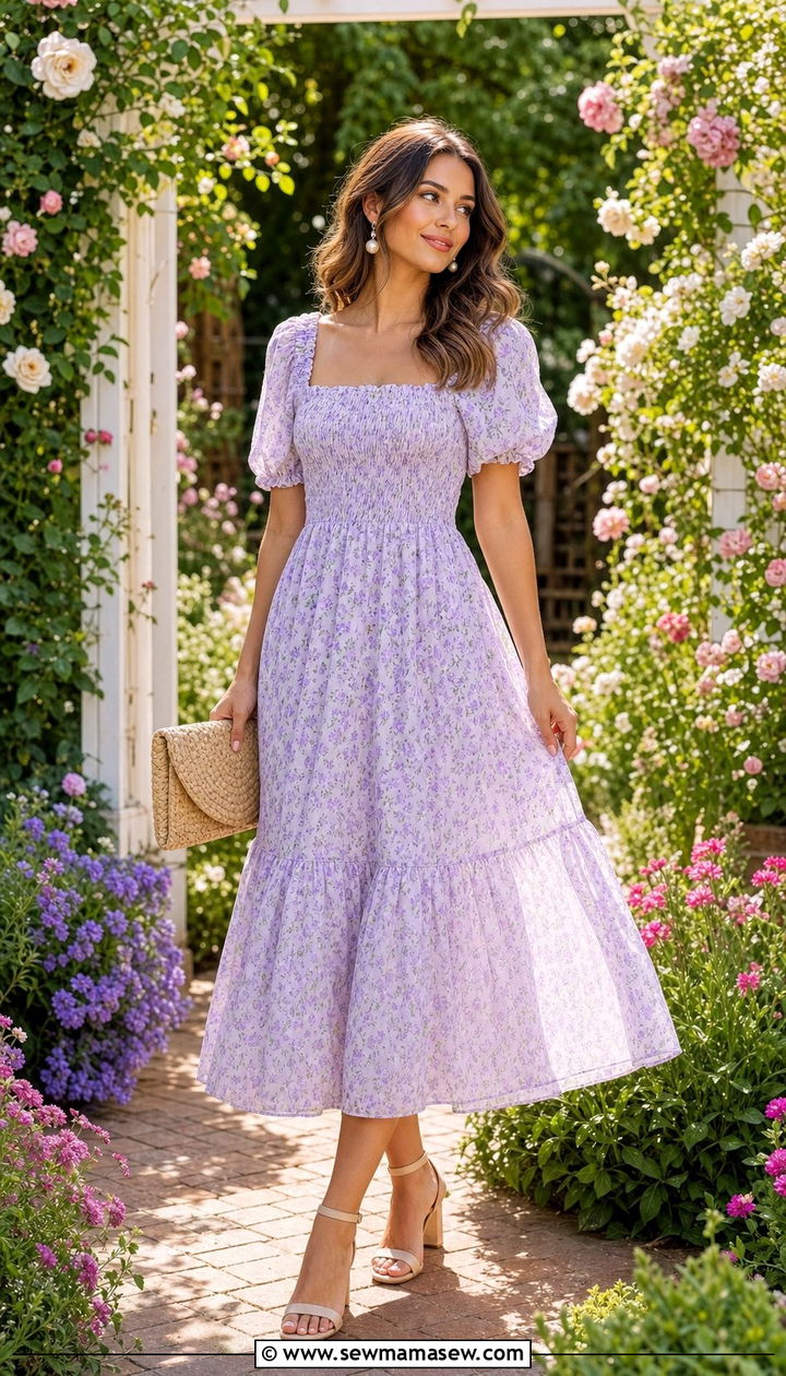 Smocked Midi Dress with Block Heel Sandals - 25 Summer outfits for skinny women