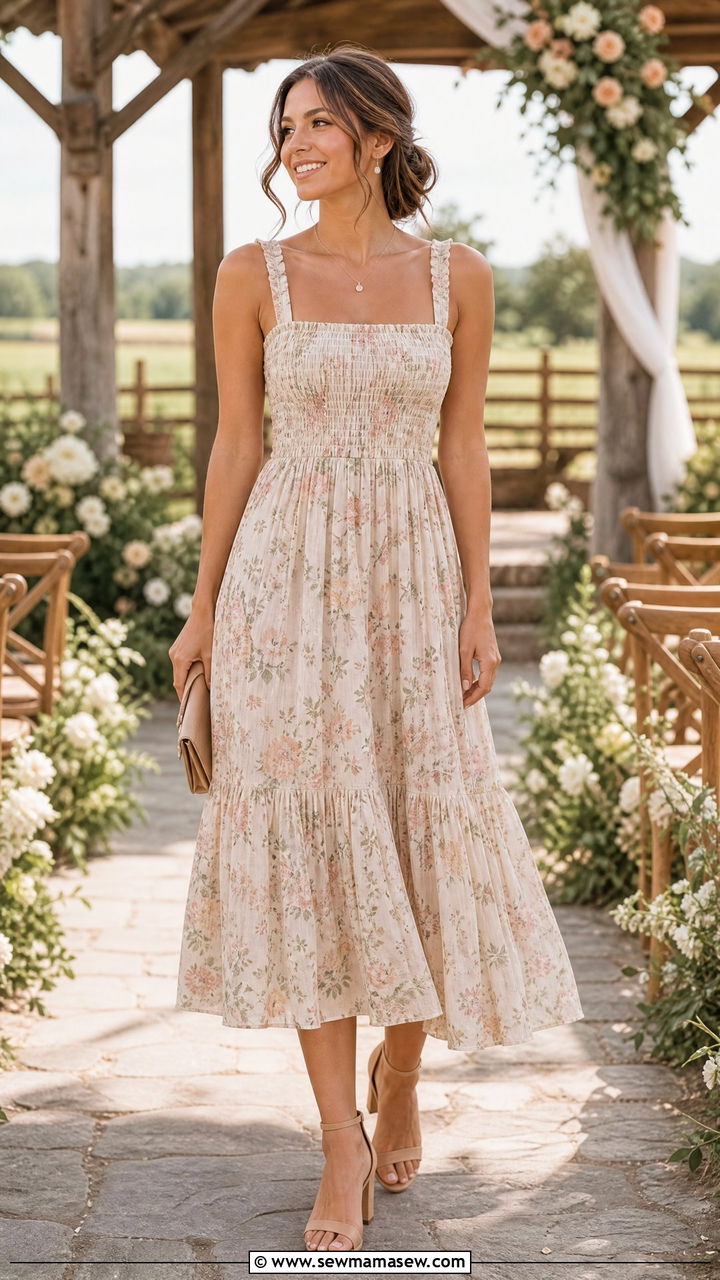 Smocked Midi Dress with Block Heels - 25 Farm wedding guest outfit ideas