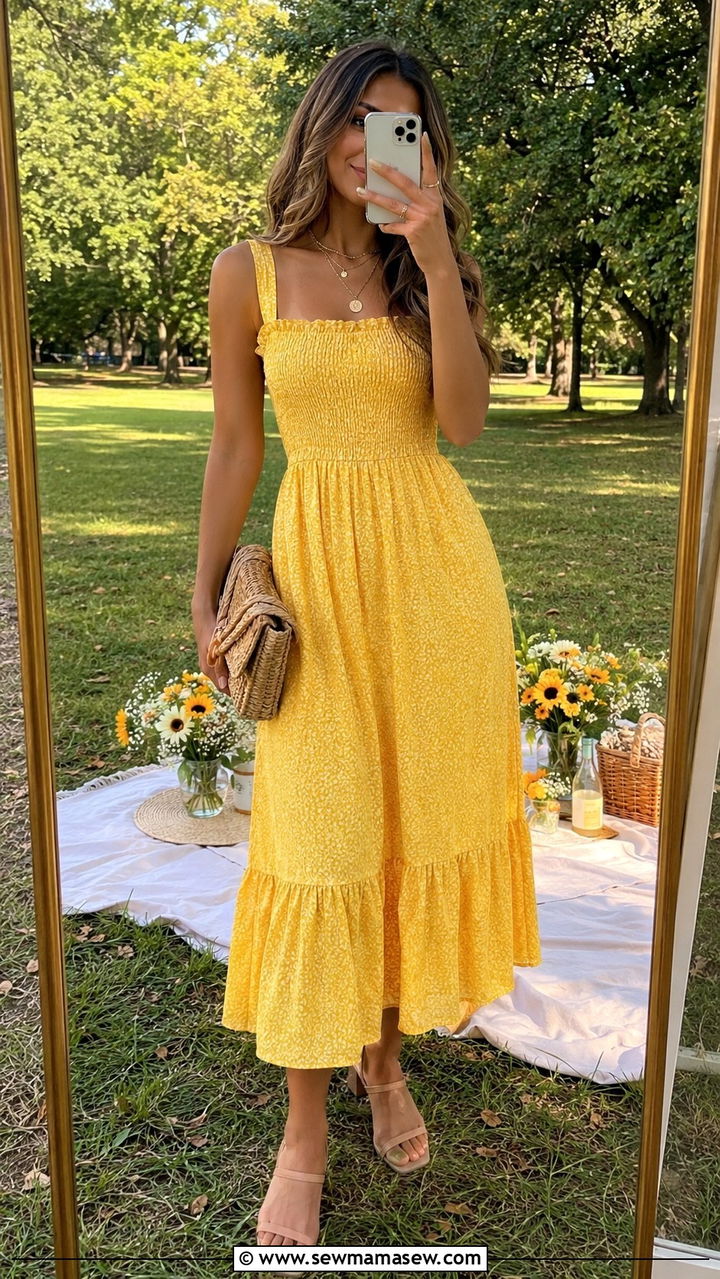 Smocked Midi Dress with Block Heels and Clutch - 30 Picnic outfit ideas