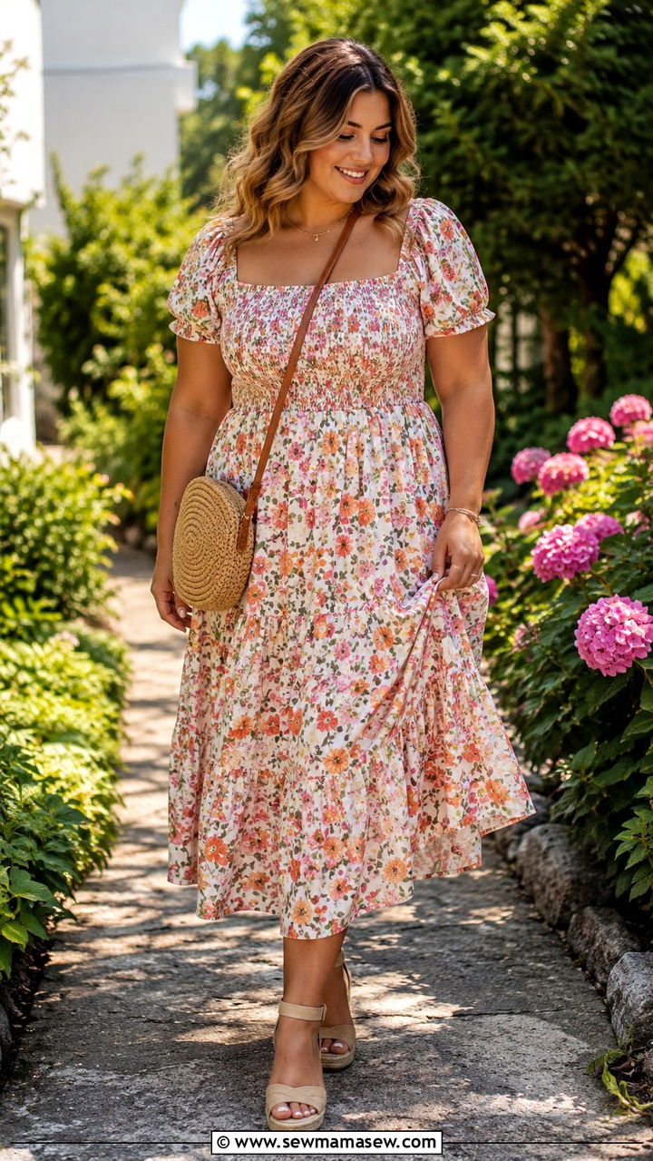 Smocked Midi Dress with Espadrille Wedges - 30 casual outfits for midsize women