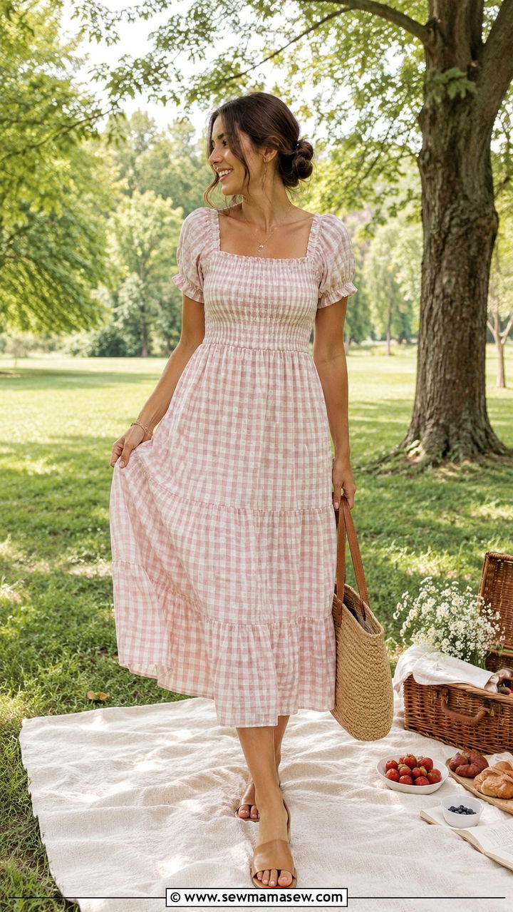 Smocked Midi Dress with Slide Sandals - 30 Romantic spring outfit ideas