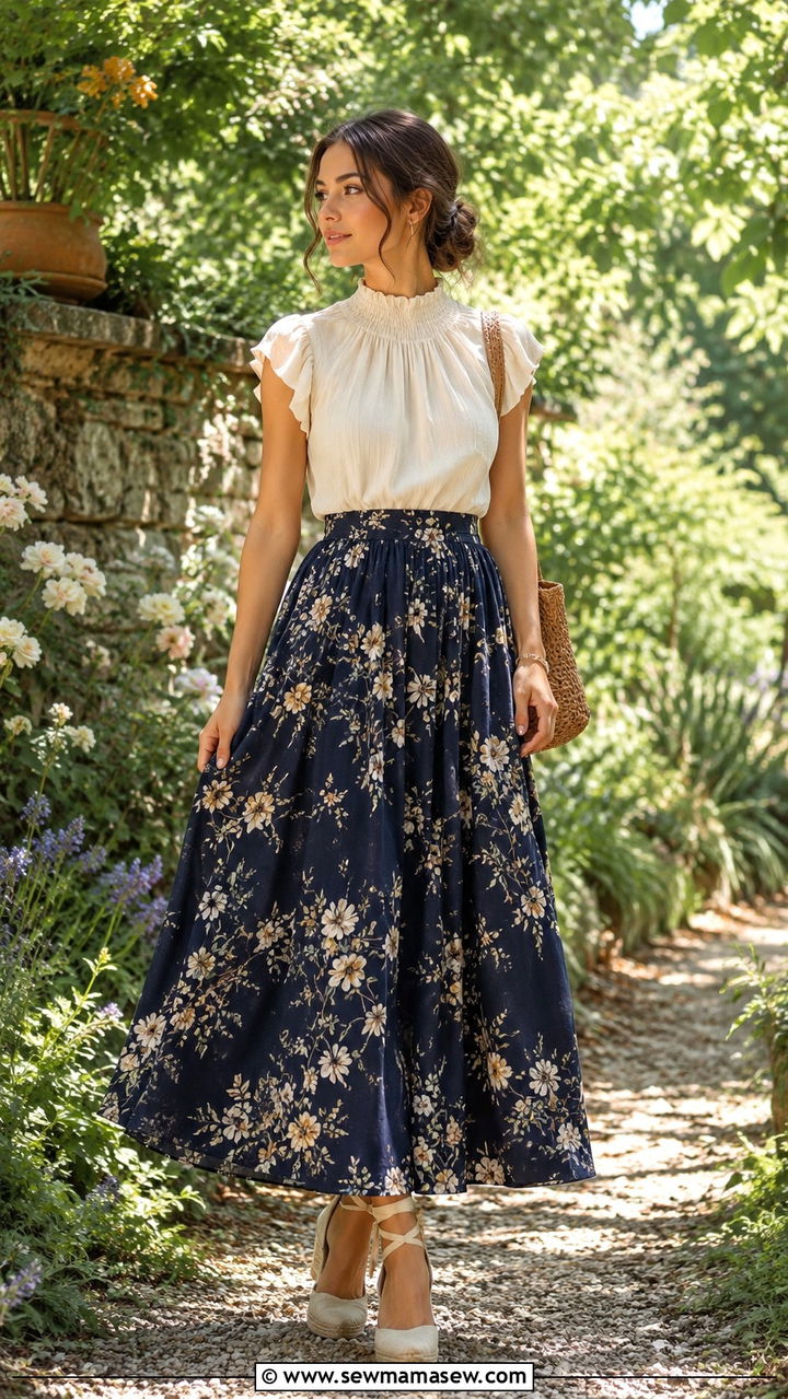 Smocked Neck Top With Flowy Skirt and Espadrille Wedges - 30 casual poetcore outfits