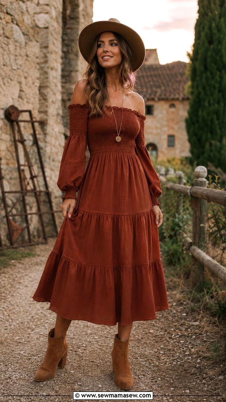 Smocked Off Shoulder Dress With Suede Ankle Boots - 30 Boho outfit ideas for vacation