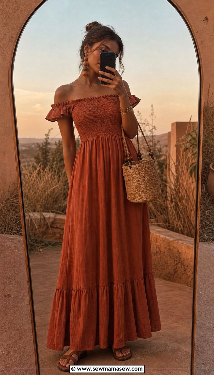Smocked Off Shoulder Maxi Dress with Wooden Jewelry - 35 Boho summer outfit ideas 2026