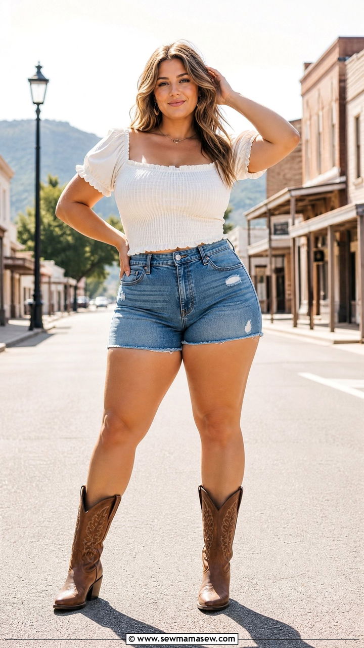 Smocked Peasant Top With Denim Shorts Curvy Outfit - 40 summer western outfits