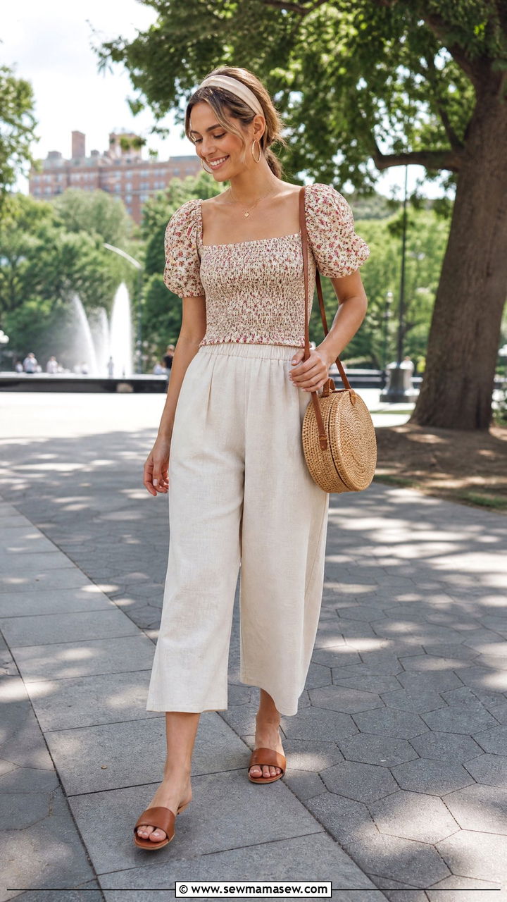 Smocked Puff Sleeve Top And Linen Culottes - 30 Cottagecore summer outfits