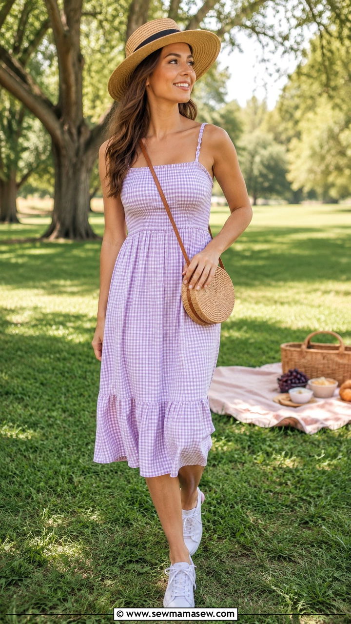 Smocked Sundress And Raffia Crossbody Bag - 25 Raffia bag outfit ideas summer