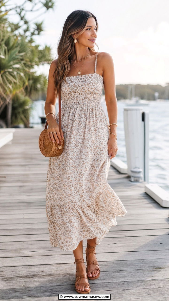 Smocked Sundress With A Woven Crossbody Bag - 30 summer tropical vacation outfit ideas