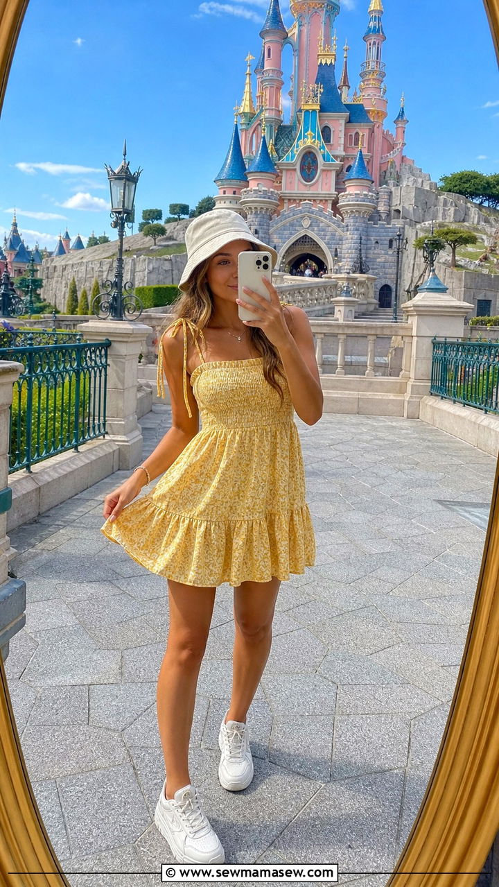 Smocked Sundress with Bucket Hat and Sneakers - 40 summer parisian outfits