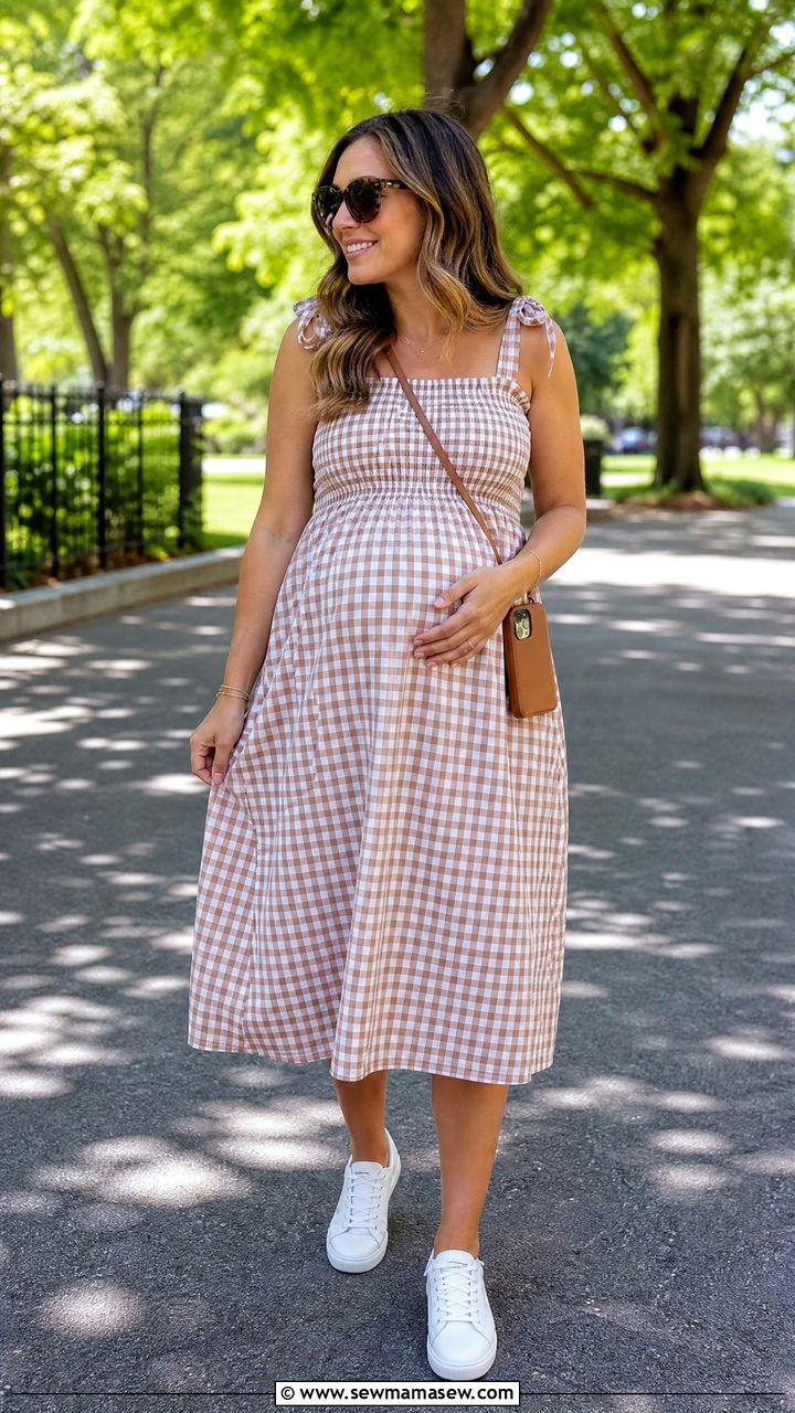 Smocked Sundress with White Sneakers - 30 Summer outfit ideas for pregnant women