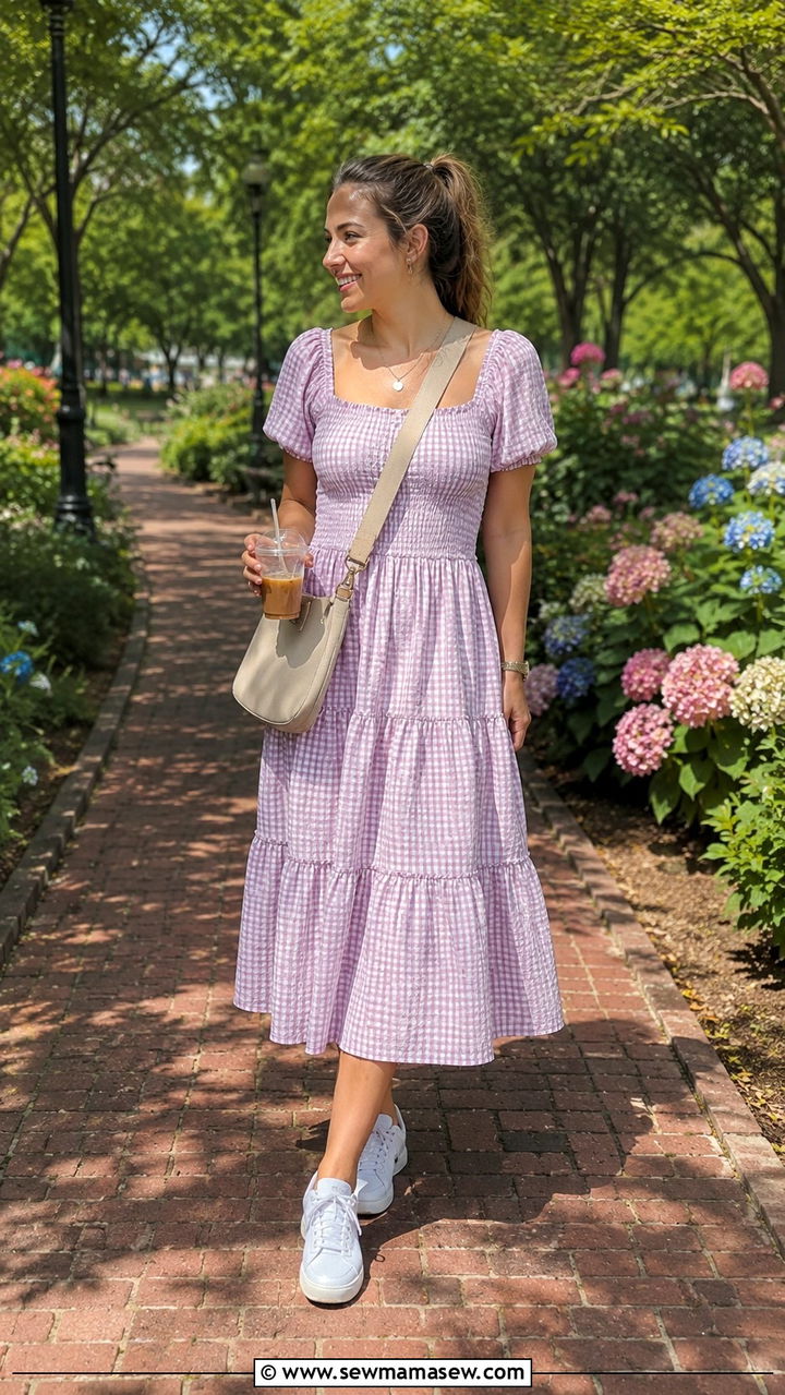 Smocked Tiered Midi Dress With White Sneakers - 20 Midi dress summer 2026 outfit ideas