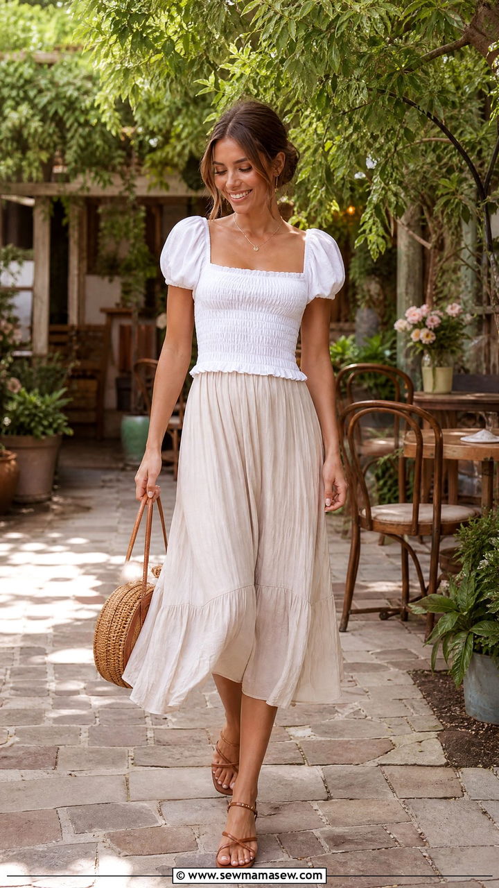 Smocked Top And Flowy Midi Skirt With Flat Sandals - 30 Summer outfit ideas for barista
