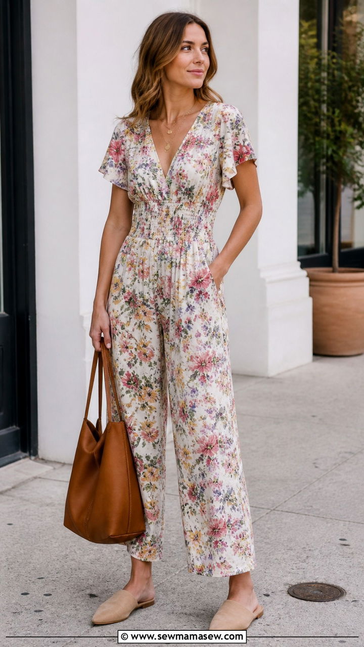 Smocked Waist Jumpsuit with Flat Mules - 40 casual jumpsuit outfits