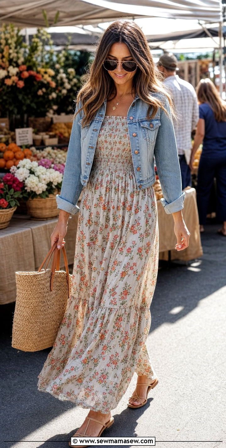 Smocked Waist Maxi Dress With Denim Jacket - 25 classy outfits for women with wide hips