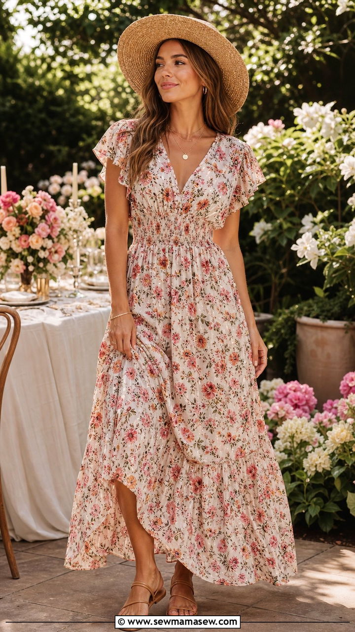 Smocked Waist Maxi Dress With V Neck - 25 summer outfits for inverted triangle body