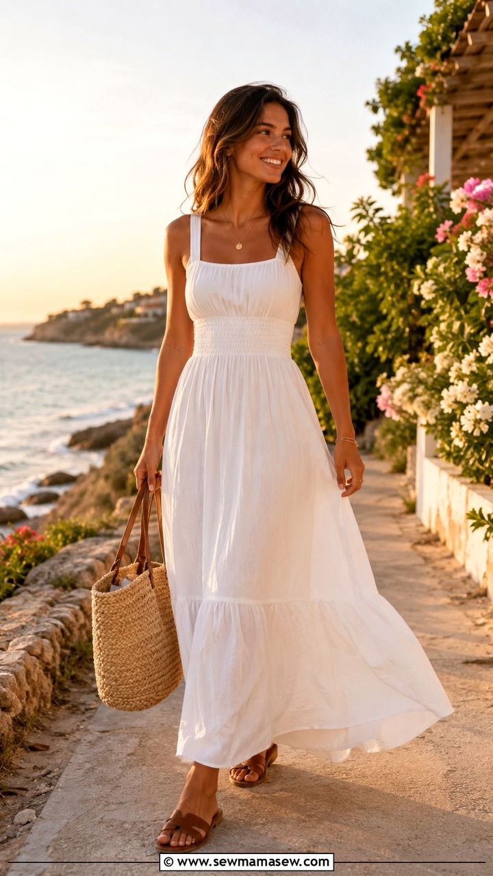 Smocked Waist Maxi Dress with Flat Sandals - 25 Outfits that slim the waist