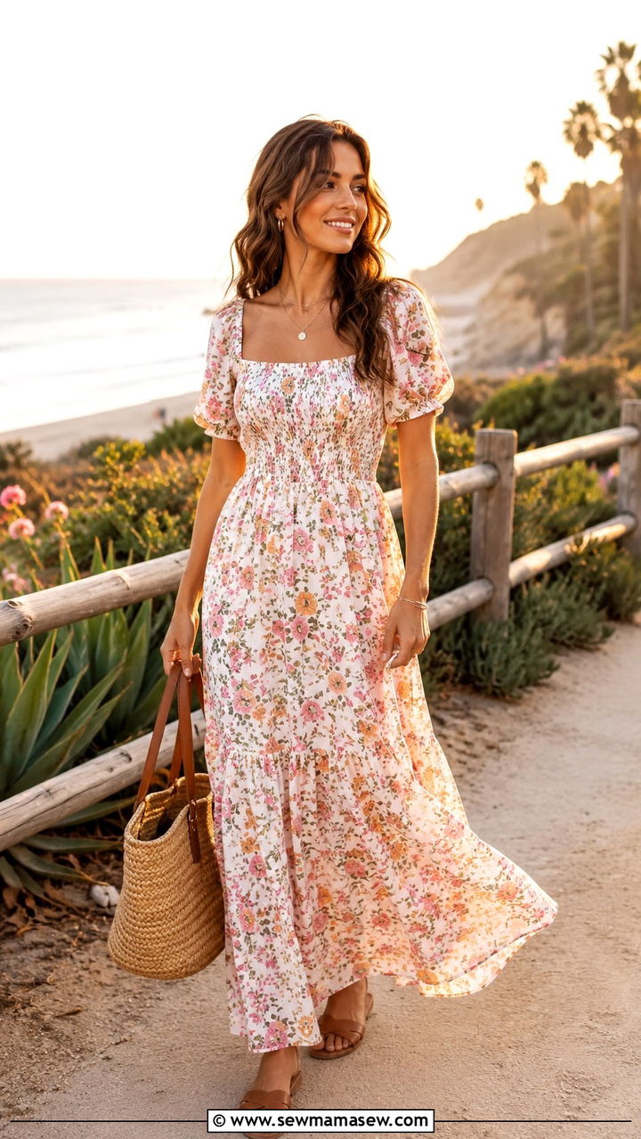 Smocked Waist Maxi Dress with Slide Sandals - 25 Outfits to hide belly fat