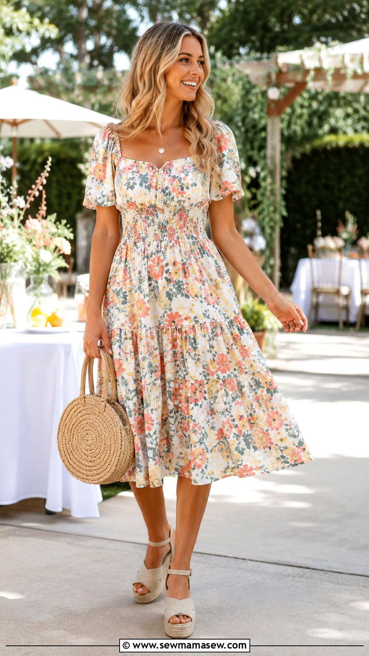 Smocked Waist Midi Dress With Espadrilles Outfit - 25 Outfits to hide muffin top
