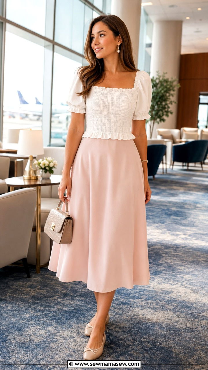Smocked blouse and A line skirt - 25 Airport outfit ideas for beach vacation