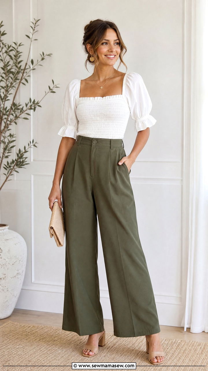 Smocked blouse and high waisted wide leg trousers outfit for tummy - 25 casual outfits for women with tummy