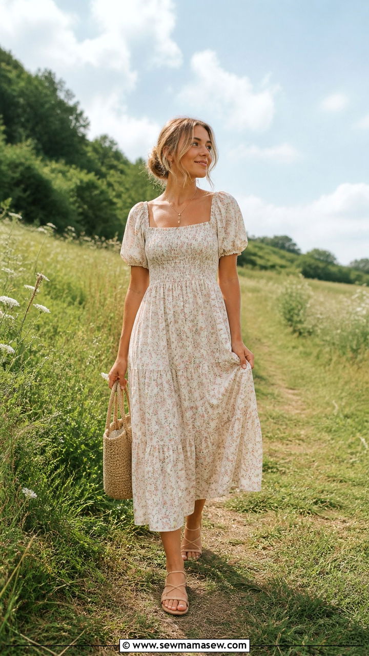 Smocked bodice dress and flat sandals outfit - 40 First day of summer outfits