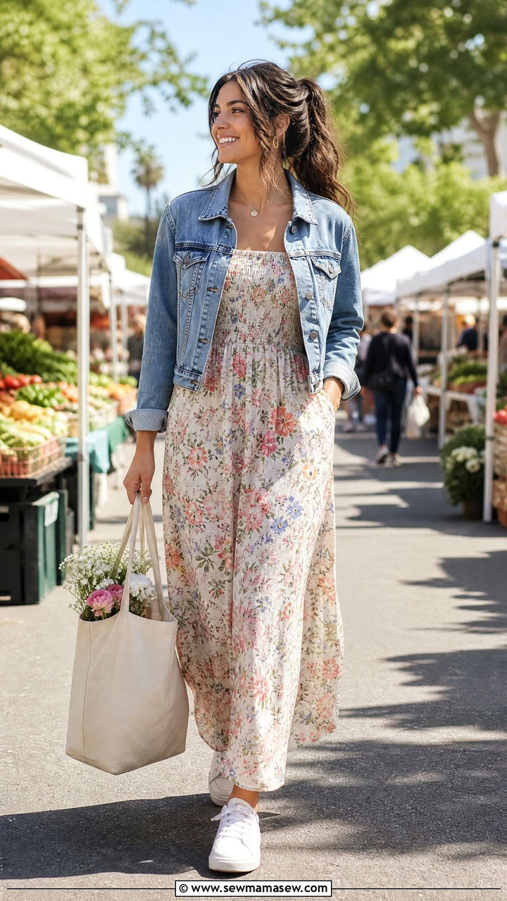 Smocked bodice maxi dress with a denim jacket - 25 Flattering outfits for big bust