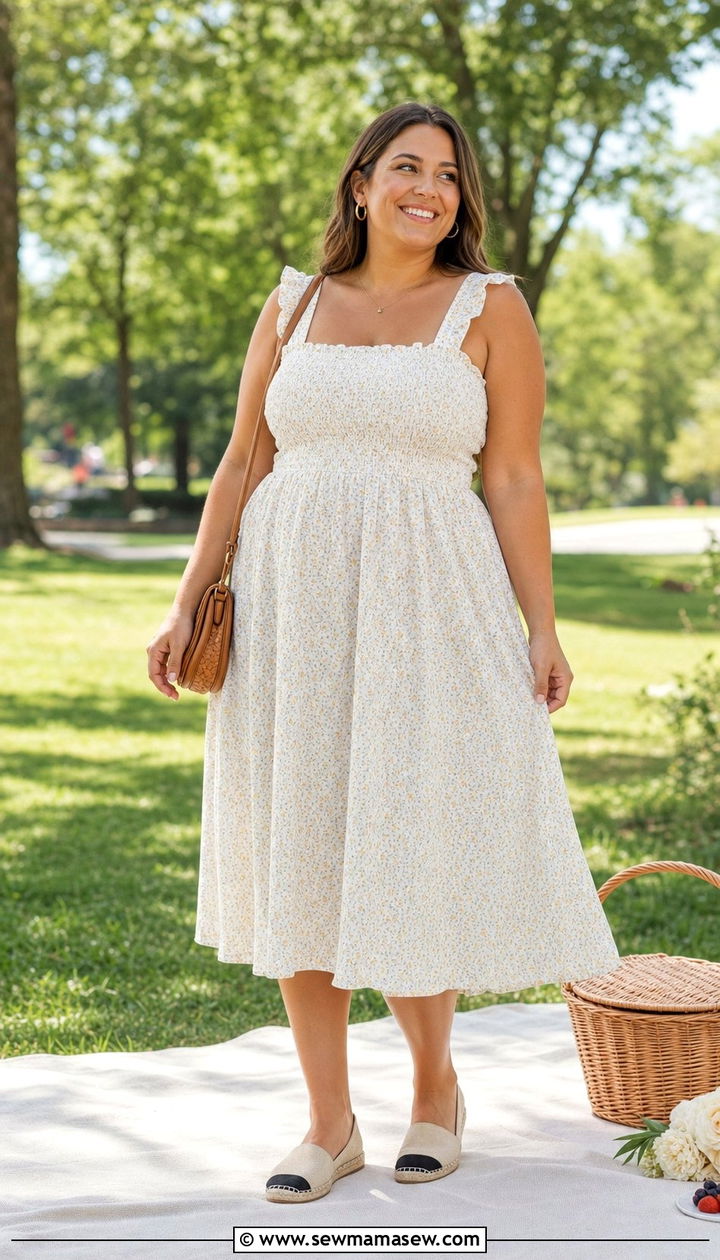 Smocked bodice midi dress brunch outfit - 35 Brunch outfits for pear shape
