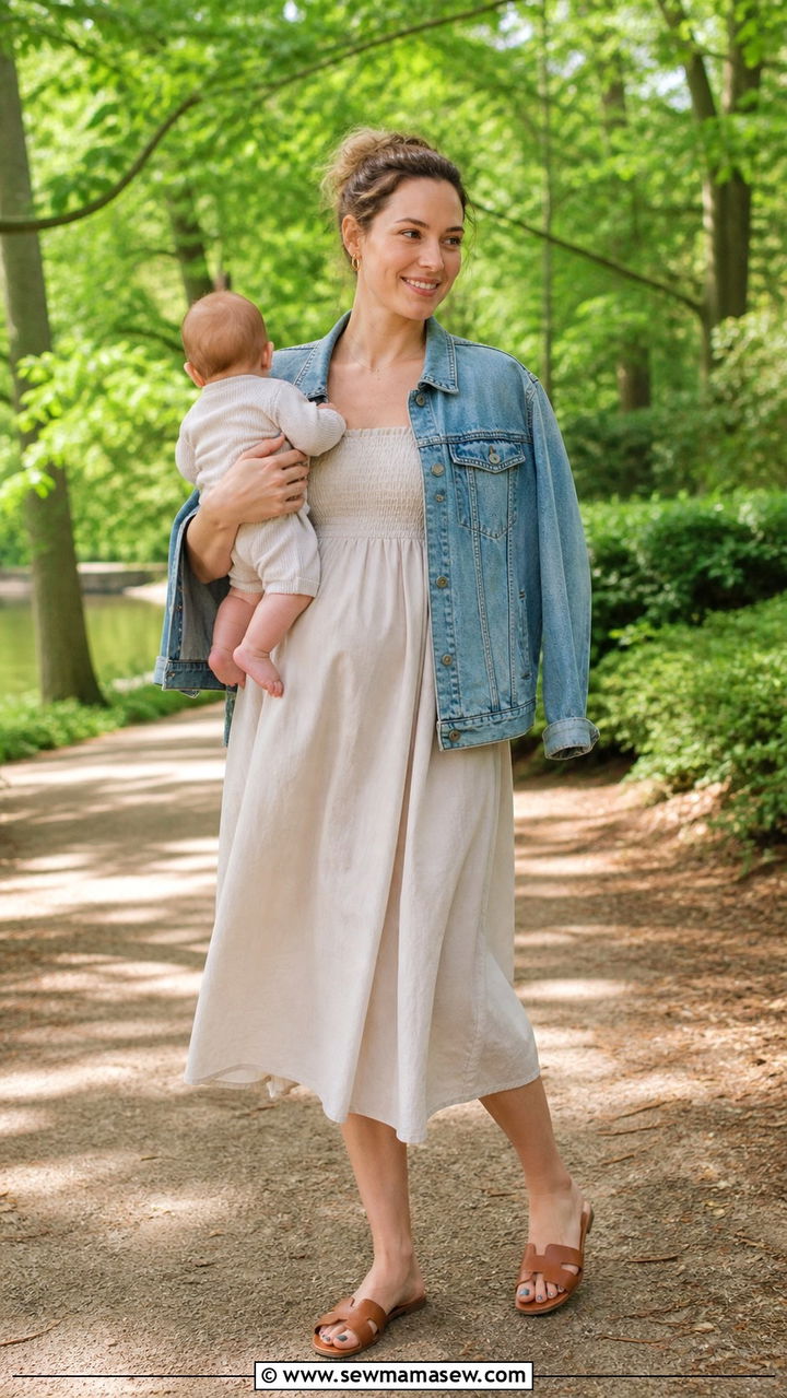 Smocked bodice midi dress with woven flat slides - 20 4th trimester outfit ideas