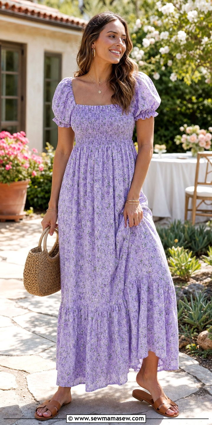 Smocked bust floral maxi dress with slide sandals - 25 spring outfits for postpartum moms