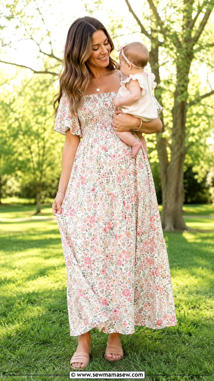 Smocked bust maxi dress for postpartum comfort - 25 outfit ideas for postpartum women