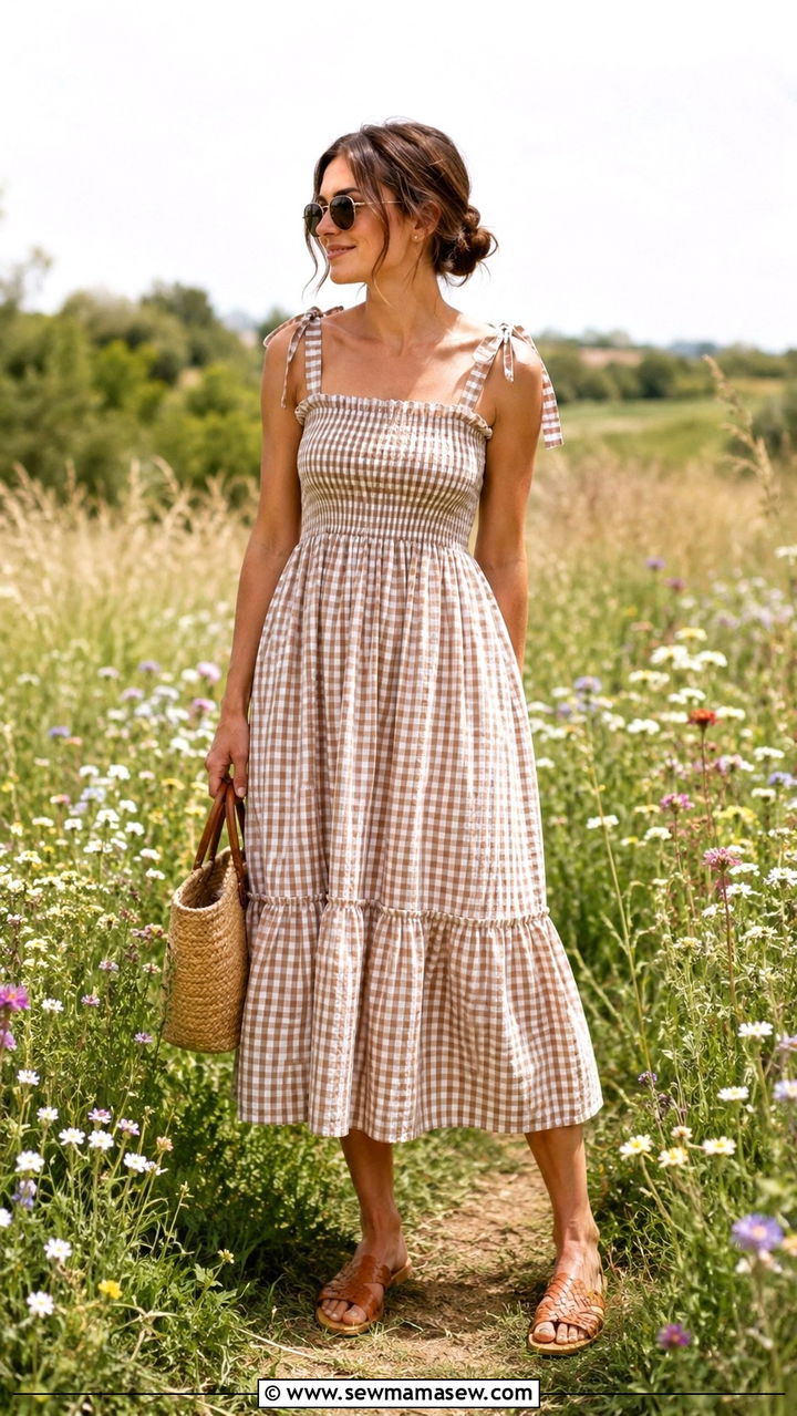 Smocked cotton midi dress and sandals outfit - 30 spring to summer outfits aesthetic