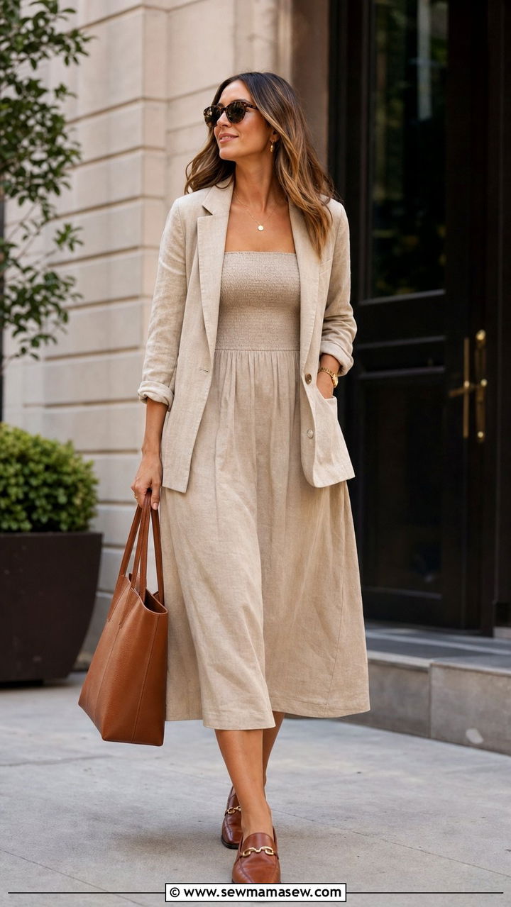 Smocked dress with blazer and loafers - 25 Smocked dress outfit ideas summer