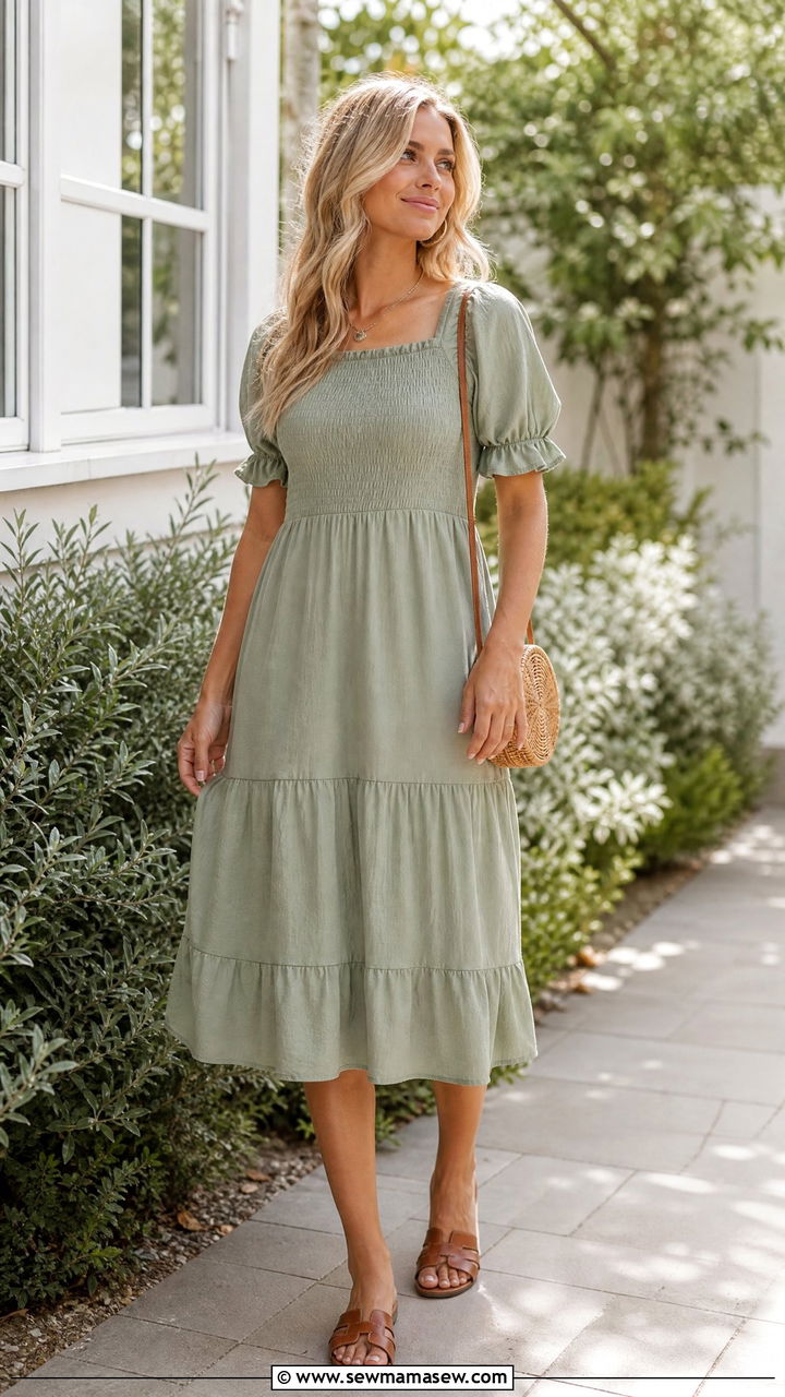 Smocked dress with leather sandals outfit - 30 scandinavian capsule wardrobe outfits