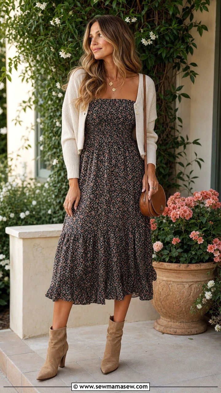 Smocked dress with lightweight cardigan and ankle boots - 25 Smocked dress outfit ideas summer