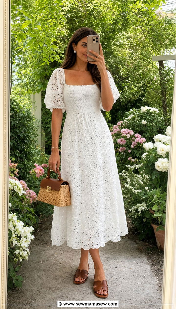 Smocked eyelet dress with leather sandals - 25 Smocked dress outfit ideas summer