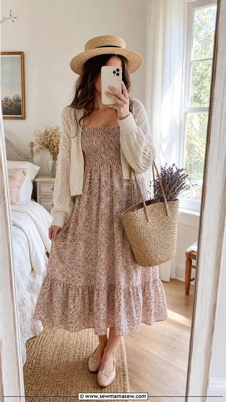 Smocked floral midi dress with cardigan - 25 classy cottagecore outfit ideas