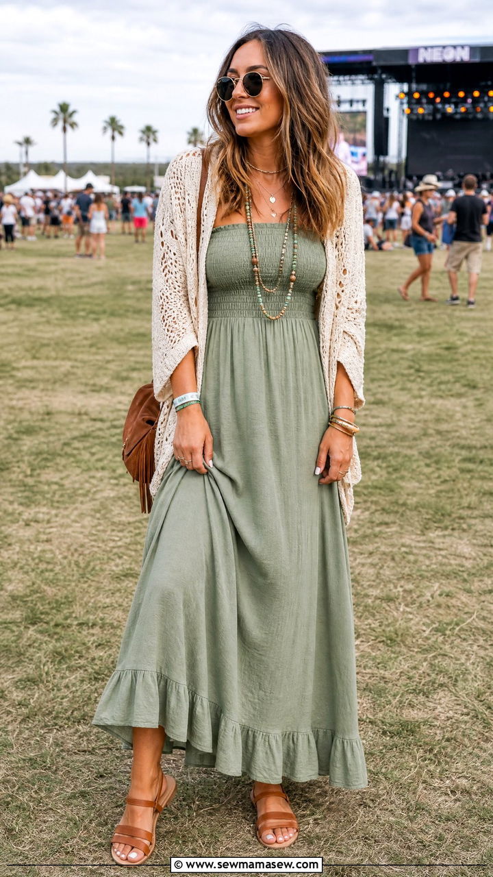 Smocked maxi dress with crochet cardigan - 30 Maxi dress outfit ideas with a cardigan
