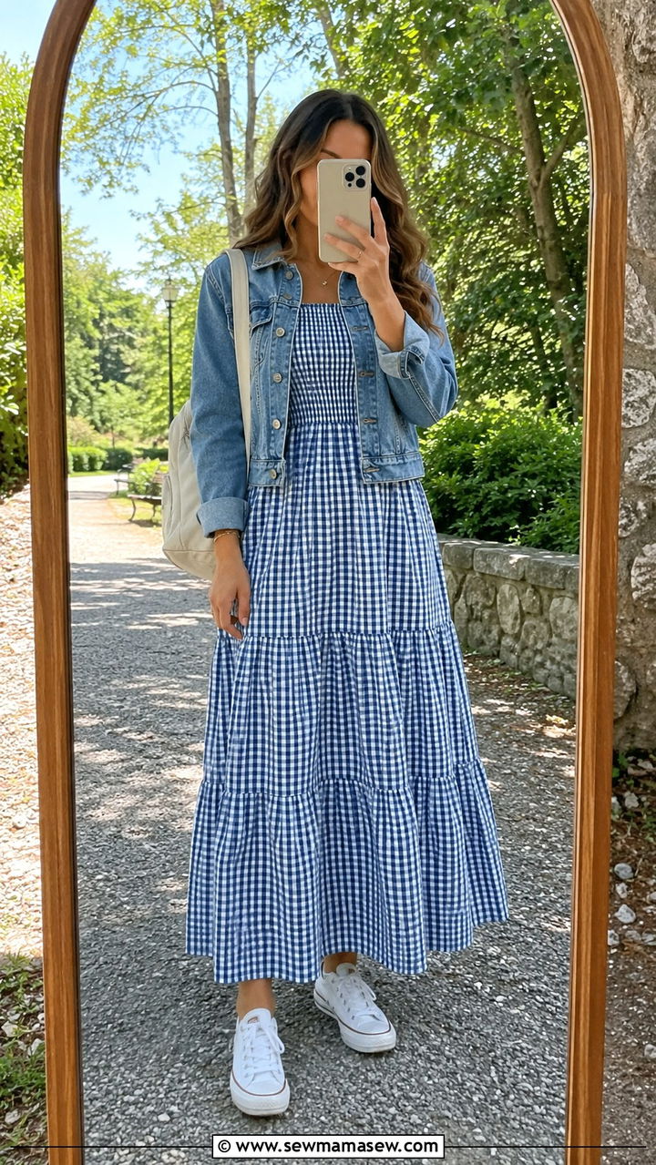 Smocked maxi dress with denim jacket modest vacation outfit - 30 Modest outfit ideas for vacation