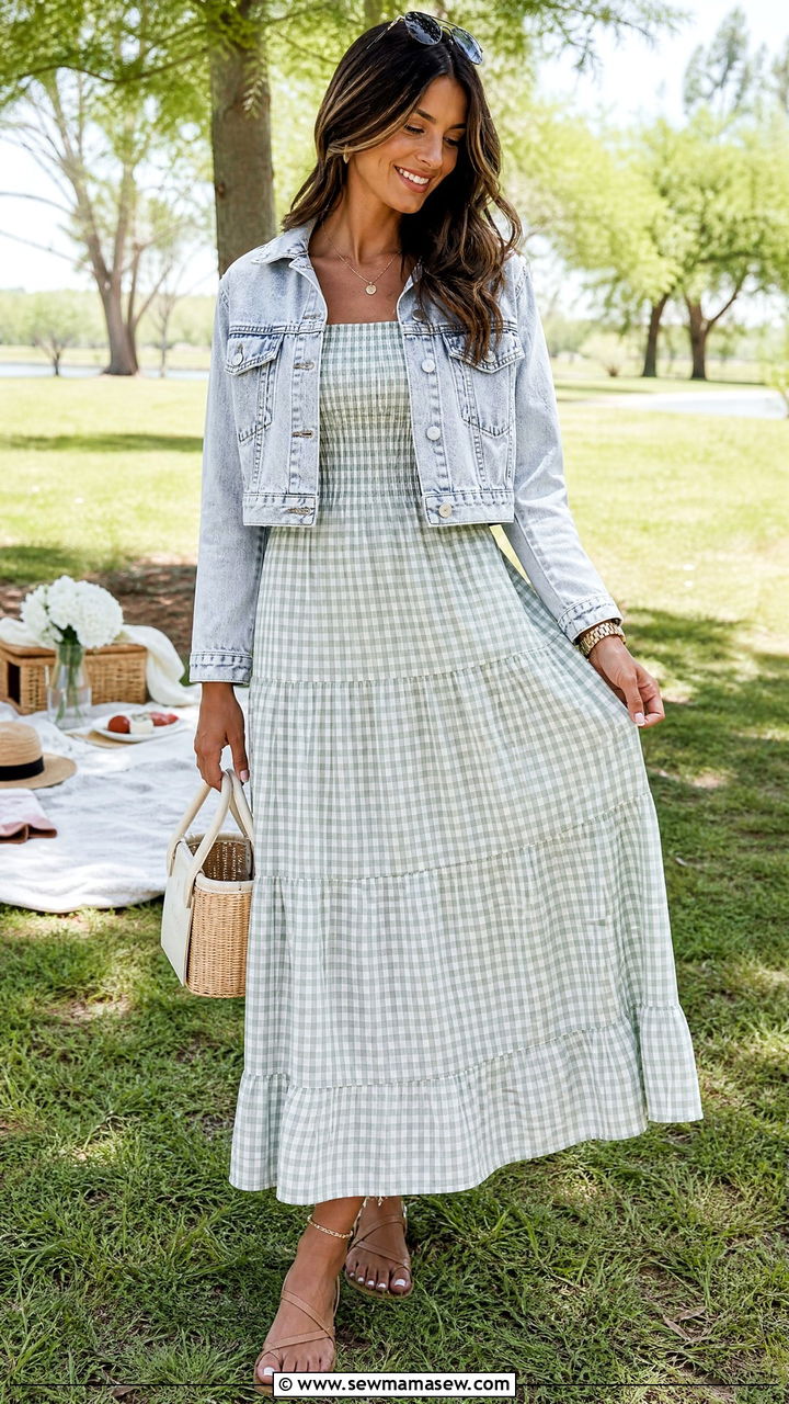 Smocked maxi dress with denim jacket outfit - 30 Maxi dress outfit ideas with a denim jacket